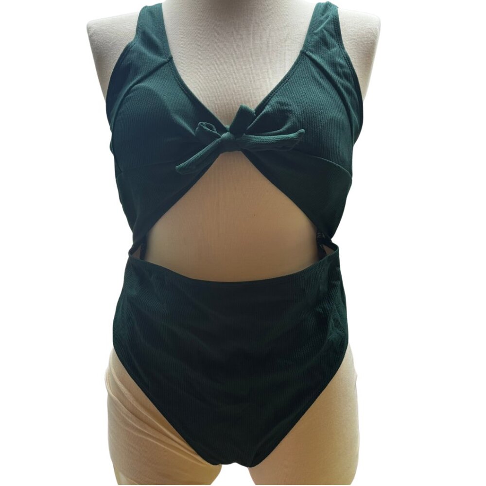 NWOT Dark Green Cutout One-Piece Swimsuit with Front Tie Size 1XL